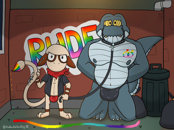 3_toes alternate_rainbow_pride_colors anthro bag belly biped black_clothing black_collar black_underwear bulge claws clothed clothing collar detailed_background dominant dominant_male duo ear_piercing feet furgonomic_piercing furgonomics gender_symbol hypnosis kerchief kneeling larger_male larger_sub leash lgbt_pride looking_at_viewer male male/male male/male_symbol male_symbol mind_control muzzle_(object) muzzled neckerchief neckwear nipples paintbrush_tail painting_(object) piercing pride_colors rainbow_pride_colors red_clothing red_underwear ringed_eyes sexuality_symbol size_difference smaller_male spiked_collar spikes stated_homosexuality stated_sexuality submissive submissive_male symbol tail tail_piercing text thong toe_claws toes toony topless topwear trash trash_bag trash_can underwear vest hiddengoldendog nintendo pokemon fan_character grahf alligator alligatorid crocodilian generation_2_pokemon pokemon_(species) reptile scalie smeargle 2022 4:3 alternate_version_at_source digital_drawing_(artwork) digital_media_(artwork) english_text hi_res