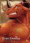2011 amber_eyes anthro biceps bovid bovine brown_body brown_fur cattle clothed clothing darius_(kemo_coliseum) dudedle english_text facial_hair fur horn kemo_coliseum male mammal muscular muscular_anthro muscular_male nipples null-ghost official_art pecs pose scar solo text topless vein