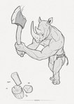 anthro axe biped bottomwear chopping_logs clothed clothed_anthro clothed_male clothing feet fingers foreshortening high-angle_view horn loincloth male male_anthro motion_lines pose simple_background solo three-quarter_view toes white_background alsares mammal rhinoceros 2021 digital_media_(artwork) full-length_portrait greyscale hi_res monochrome portrait