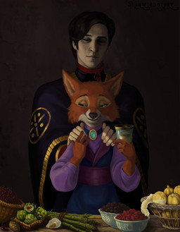 4_fingers 5_fingers anthro basket black_nose brooch brown_hair cheek_tuft cherry claws clothed clothed_anthro clothed_female clothed_human clothed_male clothing container countershade_face countershade_fur countershading cup duo eyebrows eyelashes eyes_mostly_closed facial_tuft female female_anthro finger_claws fingers food fruit fur grey_background hair hand_on_hand hands_on_shoulders happy holding_container holding_cup holding_object human_on_anthro humanoid_hands interspecies lemon looking_aside male male/female male_human narrowed_eyes orange_body orange_fur pinecone plant raspberry romantic romantic_couple short_hair simple_background sitting smile snout standing tan_body tan_fur tuft sir_paulus disney robin_hood_(disney) fan_character maid_marian pavel_(sir_paulus) canid canine fox human mammal absurd_res colored hi_res shaded