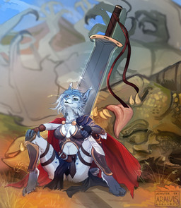5_fingers anthro barefoot blue_body blue_eyes blue_fur blue_hair blue_nose breasts clothed clothing dagger day duo feet female fingers fur hair holding_melee_weapon holding_object holding_sword holding_weapon melee_weapon outside sitting sword weapon araivis-edelveys mythology dragon felid feline lynx mammal mythological_creature mythological_scalie scalie hi_res