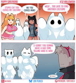 big_breasts black_eyes black_hair blonde_hair bodily_fluids bottomwear breast_size_difference breasts clothing crop_top dark_body dark_skin dialogue eye_contact eyelashes faceless_character faceless_human faceless_male female ghost_costume gradient_background grey_clothing grey_sweater grey_topwear group hair half-closed_eyes light_body light_skin looking_at_another male midriff miniskirt narrowed_eyes navel nervous nervous_sweat pink_bottomwear pink_clothing pink_crop_top pink_shirt pink_skirt pink_topwear shirt simple_background skirt small_breasts standing sweat sweater text thick_thighs topwear trio onigiri_punch bluesky_(social_media) patreon twitter animal_humanoid canid canid_humanoid canine canine_humanoid cat_humanoid dog_humanoid felid felid_humanoid feline feline_humanoid human humanoid mammal mammal_humanoid absurd_res comic english_text hi_res