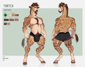 anthro black_bottomwear black_clothing bodily_fluids body_hair bottomwear brown_body brown_hair brown_hooves bulge chest_hair clothed clothing drooling front_view green_eyes hair hooves horn long_neck male male_anthro messy_hair musclegut muscular muscular_anthro muscular_male narrowed_eyes nipples open_mouth pecs pubes rear_view red_nipples red_tongue saliva short_hair solo standing tail tail_tuft tan_body text tongue tongue_out topless tuft apple-faced thatch_(zephyro11) giraffe giraffid mammal english_text hi_res model_sheet