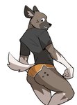 anthro bent_leg bottomwear brown_body butt clothed clothing crossdressing fur hotpants looking_back male shirt shorts simple_background solo standing teeth topwear tuft underbite wedgie white_background jrjresq aggretsuko sanrio haida_(aggretsuko) hyena mammal spotted_hyena 2022 hi_res