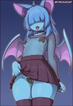 anthro blue_body blue_hair blue_wings bottomwear breasts choker clothed clothed_anthro clothed_female clothing clothing_lift female fingers fishnet_clothing fishnet_topwear front_view hair hair_over_eyes jewelry legwear membrane_(anatomy) membranous_wings necklace nipple_tape no_underwear open_mouth pasties pussy_tape skirt skirt_lift small_breasts solo standing tape teeth thigh_highs tongue tongue_out topwear wings yorusagi nintendo pokemon generation_1_pokemon pokemon_(species) zubat hi_res