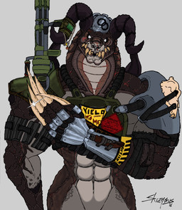 anthro armor claws cybernetics gun machine male muscular muscular_anthro muscular_male pip-boy ranged_weapon scar simple_background solo weapon skianous fallout microsoft orcus_(skianous) cyborg deathclaw scalie
