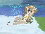 anthro bikini blonde_hair blue_eyes chair clothing cloud detailed_background eyewear female furniture hair happy hat headgear headwear hooves lake looking_at_viewer midriff mountain nature outside raining scut_tail short_tail sitting snow solo spots sun_hat sunbathing sunglasses swimwear tail text two-piece_swimsuit unguligrade sufficient_(artist) roadkill_(sufficient) deer mammal 2022 4:3 hi_res