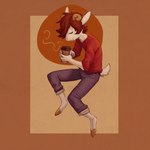 anthro belt beverage blue_bottomwear blue_clothing blue_pants bottomwear brown_cup brown_hair clothed clothing coffee container cup eyes_closed fur hair holding_container holding_cup holding_object horn male pants red_clothing red_shirt red_topwear shirt short_tail simple_background solo steam tail topwear white_body white_fur twang milo_(twang) bovid caprine goat mammal 1:1 2020 hi_res