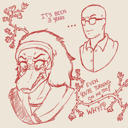 anthro bald bodily_fluids clothing collared_shirt crying dialogue dress_shirt duo ellipsis eyewear female freckles hair long_hair male sharp_teeth shirt snout stubble sunglasses tears teeth text topwear majormiju cavemanon_studios i_wani_hug_that_gator inco_(iwhtg) olivia_halford baryonyx dinosaur human mammal prehistoric_species reptile scalie spinosaurid theropod 1:1 2024 english_text monochrome sketch