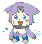 :3 anthro blue_eyes blush chibi claws clothing footwear fur male purple_body purple_fur shoes simple_background smile solo white_background suda_8823 bandai_namco digimon appmon_(species) digimon_(species) domestic_cat felid feline felis mammal offmon