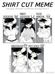 anthro big_breasts black_hair breasts cleavage clothed clothing fangs female hair horn huge_breasts inner_boob looking_at_viewer non-mammal_breasts plunging_neckline red_eyes side_boob solo teeth text tongue tongue_out under_boob yellow_sclera zwitterkitsune shirt_cut_meme samantha_reyes kobold scalie 2021 digital_media_(artwork) english_text hi_res meme monochrome spot_color url