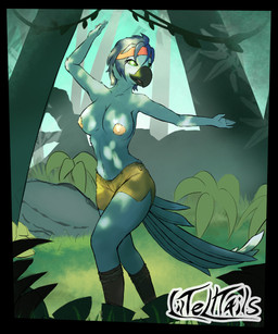 accessory anthro areola arms_out blue_body blue_eyes blue_fur blue_skin blue_sky bottomwear breasts clothed clothing female fur grass headband looking_away nipples one_arm-up pink_headband pink_nipples plant rock shorts sky solo topless topless_anthro topless_female liltelltails blue_sky_studios rio_(series) jewel_(rio) avian bird macaw neotropical_parrot parrot spix's_macaw true_parrot hi_res