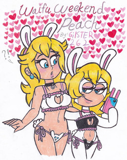 5_fingers breasts bunny_costume cleavage cleavage_cutout clothed clothing costume cutout duo featureless_hands female fingers interrobang lingerie lipstick makeup mario_bros mario_plus_rabbids_kingdom_battle nintendo raving_rabbids rayman_(series) ubisoft princess_peach rabbid_peach animal_humanoid human humanoid lagomorph lagomorph_humanoid leporid_humanoid mammal mammal_humanoid rabbid rabbit_humanoid crossover