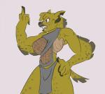 anthro clothed clothing female gesture hand_gesture leather middle_finger open_mouth purple_eyes scar simple_background solo teeth wounded tartaurus shoni hyena mammal spotted_hyena hi_res