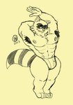 anthro armpit_hair body_hair clothed clothing hand_over_head jockstrap jockstrap_only male muscular muscular_male open_mouth simple_background smile solo standing_on_toes teeth_showing topless underwear underwear_only yellow_background glitchedweasel happy_tree_friends lifty_(htf) mammal procyonid raccoon 2023 hi_res monochrome signature