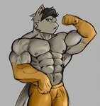 :< abs anthro black_hair boxers_(clothing) boxers_only cheek_tuft clothed clothing facial_tuft flexing flexing_bicep fur fur_tuft gold_body grey_background hair looking_at_viewer male muscular muscular_anthro muscular_male nipples pecs simple_background solo tail topless topless_anthro topless_male tuft underwear underwear_only white_body white_fur yellow_boxers yellow_clothing yellow_eyes yellow_underwear kemarux epic_games fortnite meowdas domestic_cat felid feline felis mammal hi_res