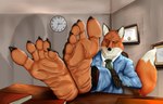 5_fingers 5_toes anthro award barefoot black_claws black_nose black_tie_(suit) book brown_background brown_body brown_fur ceiling chair claws clock clothing countershade_face countershade_feet countershading crossed_feet crossed_legs desk feet feet_on_desk finger_claws fingers fluffy fluffy_tail foot_fetish foot_focus foot_on_table fur furniture grey_necktie humanoid_feet humanoid_hands inside looking_at_viewer male necktie on_chair orange_body orange_feet orange_fur orange_soles picture_frame plantigrade prick_ears red_book shadow simple_background sitting sitting_on_chair solo spread_toes suit table tail toe_claws toes wall_(structure) white_body white_ears white_fur wood wood_desk wood_furniture wrinkled_feet wrinkles robinthefox blacksad police_fox_lieutenant_(blacksad) canid canine fox mammal 2023 hi_res