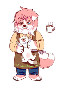 ambiguous_gender anthro barefoot blue_bottomwear blue_clothing blue_eyes blue_pants bottomwear brown_clothing cheek_tuft clothed clothing container cup duo facial_tuft feet feral floppy_ears front_view fur grey_body grey_fur hair mug neck_tuft open_mouth open_smile pants pink_body pink_fur pink_hair simple_background simple_eyes smile standing tan_clothing tan_topwear topwear tuft unsigned white_background white_body white_fur asnnonaka canid canine canis domestic_dog domestic_ferret mammal mustelid musteline true_musteline weasel 3:4 colored_sketch sketch