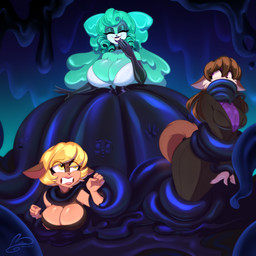 absorption_vore anthro armwear big_breasts blonde_hair blue_body breasts brown_hair clothed clothing curly_hair dress elbow_gloves eyeshadow female female/female fox_ears glossy_body gloves group hair handwear huge_breasts latex laugh lipstick makeup prey_outline purple_eyes rat_ears slime smile tentacles trio vore yellow_eyes ooo-belise-ooo villaina_(skeletronix) canid canine fox goo_creature mammal murid murine rat rodent 1:1 hi_res