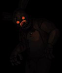 black_background bow_tie button_(fastener) glowing hunched_over looking_at_viewer looming machine male open_mouth red_eyes shadowy_figure simple_background solo teeth shockpinkrosary five_nights_at_freddy's five_nights_at_freddy's_(film) five_nights_at_freddy's_3 scottgames spring_bonnie_(fnaf) springtrap_(fnaf) william_afton_(fnaf) animatronic humanoid lagomorph leporid mammal rabbit robot 2023 digital_media_(artwork) hi_res shaded