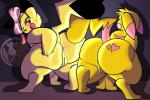 anus big_butt blush bow_(feature) bow_accessory butt butt_focus cleft_tail clothing cosplay_pikachu_(costume) duo ear_bow female feral fur genitals looking_at_viewer looking_back open_mouth presenting presenting_hindquarters pussy rear_view simple_background smile solo spread_legs spreading tail thick_thighs tongue wide_hips yellow_body yellow_fur ivorden_bar nintendo pokemon cosplay_pikachu_(character) fan_character milachu pikachu_pop_star generation_1_pokemon pikachu pokemon_(species)