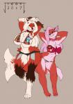 anthro barefoot big_breasts bikini bottomwear breasts claws clothed clothing collar denim denim_clothing duo feet female hair hindpaw paws pink_hair ribbons shorts skimpy swimwear toe_claws toes two-piece_swimsuit white_hair jingx1 carolina_vanburin_(chasm006) denisse canid canine fox mammal hi_res