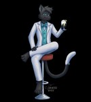 4_toes 5_fingers anthro bar_stool barefoot beverage black_background black_body black_eyebrows black_fur black_hair black_inner_ear_fluff blue_bow_tie blue_clothing blue_eyes blue_sclera blue_topwear blue_vest bow_tie cheek_tuft clothed clothing crossed_legs dipstick_tail eyebrows facial_tuft feet fingers fur furniture glass hair half-closed_eyes holding_beverage holding_object inner_ear_fluff jacket logo looking_at_viewer male markings narrowed_eyes open_clothing open_jacket open_topwear pink_nose raised_eyebrow simple_background sitting smile solo stool suit tail tail_markings tail_tuft toes topwear tuft vest white_body white_clothing white_fur white_suit sammfeatblueheart comet_(wolfywave) domestic_cat felid feline felis mammal tuxedo_cat 2021 artist_logo hi_res shaded signature