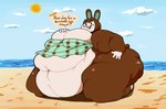 anthro arm_rolls beach belly belly_overhang belly_rolls big_belly big_breasts big_butt blush blush_stickers bottomless breasts brown_body brown_fur buckteeth butt chubby_cheeks clothed clothing cloud fat_arms fat_legs fat_rolls female fur hand_on_breast huge_belly huge_butt kneeling leg_rolls morbidly_obese morbidly_obese_anthro morbidly_obese_female navel obese obese_anthro obese_female open_mouth open_smile outside overweight overweight_anthro overweight_female smile solo sun teeth text top_heavy_belly kaboodles animal_crossing nintendo carmen_(animal_crossing) lagomorph leporid mammal rabbit 2024 english_text hi_res