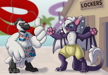 inflatable pool_toy poolside purple_body smile tail white_body symrea mythology ickyburd animate_inanimate avian bird dragon living_inflatable mythological_creature mythological_scalie scalie