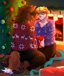 anthro christmas_clothing christmas_decorations christmas_tree clothing duo eye_contact femboy fireplace holidays kneeling looking_at_another male male/male muscular muscular_anthro muscular_male plant smile smiling_at_another smiling_at_partner tree meneo christmas bazdin_(bazdin42) russ_(rustydaggers) brittany_spaniel canid canine canis domestic_dog fox humanoid hybrid mammal wolf hi_res