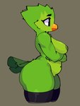 anthro beak big_butt breasts butt clothing crossgender feathers female green_body green_feathers green_nipples legwear mascot mtf_crossgender nipples non-mammal_breasts non-mammal_nipples side_view simple_background slightly_chubby slightly_chubby_female solo standing tail tail_feathers thick_thighs thigh_highs rodd.y duolingo duo_(duolingo) avian bird 3:4 hi_res