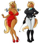 anthro big_breasts blonde_hair blue_eyes bow_(feature) braided_hair breasts clothed clothing curvy_figure erect_nipples female footwear gloves hair handwear high_heels nipple_outline nipples platform_footwear platform_heels riding_crop shoes solo tight_clothing voluptuous whip hobb equid equine horse mammal hi_res