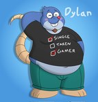 anthro belly big_belly blue_background blue_body blush bottomwear clothing eyes_closed eyewear glasses male overweight overweight_male pants red_nose shirt simple_background solo text text_on_clothing text_on_shirt text_on_topwear topwear clouddabat the_human_heart_(game) dylan_ramos eulipotyphlan mammal mole_(animal) 2022 hi_res