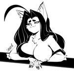 2023 5_fingers :3 ahoge anthro areola arm_tuft big_breasts black_and_white breast_rest breasts chest_tuft clothed clothing domestic_cat dress elbow_tuft eyelashes facial_tuft fangs felid feline felis female fingers hair hi_res inner_ear_fluff katherine_(sem-l-grim) long_hair long_nails looking_away mammal monochrome nipple_outline nipples off_shoulder one_breast_out sem-l-grim signature simple_background solo teeth tuft white_background