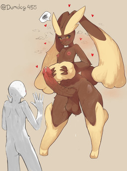 anthro areola balls biped blus brown_body brown_fur brown_tail duo erection fingers foreskin fur genitals glans heart_symbol humanoid_genitalia humanoid_penis male multicolored_body multicolored_fur nipples orange_eyes penis speech_bubble standing tail tan_body tan_fur dumdog455 nintendo pokemon generation_4_pokemon human lopunny mammal pokemon_(species) absurd_res hi_res