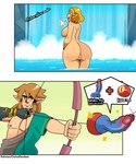 arrow_(weapon) big_butt blonde_hair blue_dildo blush bow_(weapon) breasts butt clothed clothing dildo dildo_arrow eyes_closed female gameplay_mechanics genitals hair holding_bow_(weapon) holding_object holding_ranged_weapon holding_weapon humanoid_dildo humanoid_pointy_ears innie_pussy male nipples nude open_mouth open_smile partially_submerged pussy ranged_weapon rear_view sex_toy side_boob smile standing text vein veiny_dildo water waterfall weapon wet wet_body wet_hair thegreyzen nintendo tears_of_the_kingdom the_legend_of_zelda link princess_zelda humanoid hylian 2023 comic english_text hi_res