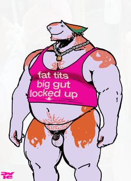 anthro balls belly belly_peek body_hair chain chastity_cage chastity_device chest_hair clothing crop_top ear_piercing ear_ring facial_piercing genitals happy_trail jewelry larger_but_small lock male musclegut muscular muscular_male navel necklace nose_piercing pecs penis piercing pubes ring_piercing septum_piercing shirt small_penis smile solo tank_top text topwear aviesergal avie sergal english_text hi_res