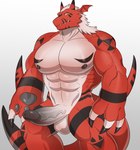 abs anthro balls claws erection genitals hair looking_at_viewer male muscular muscular_anthro muscular_male nipples nude pecs penis simple_background solo symbol tail yellow_eyes velk bandai_namco digimon digimon_(species) growlmon reptile scalie hi_res