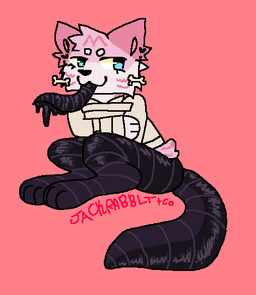 ambiguous_gender anthro bone_ear_ring countershading eyelashes fur glistening glistening_body heart_symbol paws pink_body pink_fur restraints slime solo straitjacket striped_body striped_fur stripes tongue tongue_out jackrabbit_(artist) natalie_(jackrabbit) annelid domestic_cat felid feline felis hybrid leech mammal tabby_cat worm 2025 digital_media_(artwork) microsoft_paint_(artwork) signature