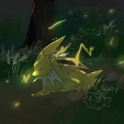 ambiguous_gender electricity eyes_closed feral fur grass lying on_front paws plant scratching solo tree yellow_body yellow_fur fishburi nintendo pokemon eeveelution generation_1_pokemon jolteon pokemon_(species) 1:1 2026 absurd_res hi_res signature