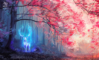 ambiguous_gender feral forest glowing glowing_body leaf outside plant solo text tree itskrolja cervine deer elk ghost mammal spirit absurd_res english_text hi_res
