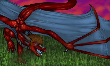 4_toes ambiguous_gender blue_markings blue_tongue brown_hair claws feet feral grass green_eyes hair horn markings membrane_(anatomy) membranous_wings plant scales solo sunset tail toes tongue wings conditional_dnp mekiota tojo_the_thief european_mythology mythology keb dragon mythological_creature mythological_scalie scalie western_dragon 5:3