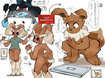 after_transformation art_tablet black_body black_fur blue_body blue_fur bottomless brown_body brown_fur butt claws clothed clothing creating_art eyes_in_darkness feathers feral fur looking_at_self looking_back loss_of_dexterity low_battery male mane nude oops open_mouth rabbit_ears solo speech_bubble stylus tablet tablet_computer tan_body tan_fur text thought_bubble transformation netchy_boo nintendo pokemon canid canine eevee eeveelution generation_1_pokemon generation_4_pokemon lagomorph leporid lopunny lucario mammal pokemon_(species) rabbit 4:3 hi_res japanese_text translation_request