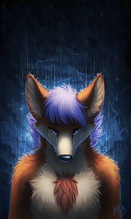 anthro backlighting black_nose blue_eyes blue_hair bodily_fluids brown_body brown_fur cheek_tuft chest_tuft crying facial_tuft front_view fur glistening glistening_eyes hair light male narrowed_eyes neck_tuft raining solo tan_body tan_fur tears tuft wet wet_body wet_fur mylafox canid canine canis mammal wolf 2019 3:5 dated half-length_portrait hi_res lighting portrait signature