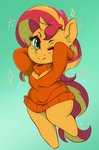 anthro anthrofied breasts chibi cleavage clothed clothing female horn one_eye_closed solo sweater topwear wide_hips wink geeflakes equestria_girls hasbro my_little_pony mythology sunset_shimmer_(eg) equid equine mammal mythological_creature mythological_equine unicorn hi_res