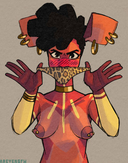 afro animal_print anthro areola barbell_piercing black_hair blush blush_lines blushing_profusely bracelet breasts choker clothing covered_mouth ear_piercing ear_ring eyelashes female female_anthro front_view gold_(metal) gold_bracelet gold_jewelry hair holding_clothing holding_object holding_panties holding_underwear jewelry leopard_print long_eyelashes looking_at_viewer markings necklace nipple_piercing nipples nude nude_anthro nude_female panties piercing presenting_panties presenting_underwear ring_piercing solo text underwear areye_(artist) panties_trend lo-lo_(areye) giraffid mammal okapi 2025 artist_name digital_media_(artwork) half-length_portrait hi_res portrait gynomorph_(lore) nonbinary_(lore) trans_(lore)