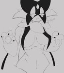 anthro bored breast_curtains breasts claws female fur grey_background half-closed_eyes looking_away narrowed_eyes nya paw_pose pose simple_background solo standing karikhuri nintendo pokemon generation_9_pokemon meowscarada pokemon_(species) 2024 digital_media_(artwork) monochrome sketch