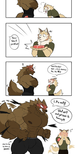 5_fingers abs anthro biceps big_muscles black_bottomwear black_clothing black_pants black_shirt black_tank_top black_topwear blush bottomwear brown_body brown_claws brown_countershading brown_eyebrows brown_fur claws clenched_teeth clothed clothing countershade_arms countershade_face countershade_fur countershade_legs countershade_tail countershade_torso countershading covering covering_face cross-popping_vein crossed_arms dialogue directional_arrow duo exclamation_point eye_contact eyebrows finger_claws fingers fist front_view fur gift green_clothing green_shirt green_topwear growth holding_gift holding_object holding_present huge_muscles looking_at_another looking_at_gift looking_at_object male motion_lines mouth_closed multicolored_body multicolored_fur muscle_growth muscular muscular_anthro muscular_male nipples onomatopoeia open_mouth pants pants_only patreon_logo patreon_username pecs reverse_countershading shirt side_view simple_background simple_eyes solo sound_effects speech_bubble tail tail_motion tailwag tan_body tan_fur tank_top teeth text topless topwear torn_clothing torn_tank_top torn_topwear two_tone_body two_tone_fur vein veiny_muscles white_background white_body white_countershading white_eyes white_fur wolfblack43 patreon canid canine canis domestic_dog mammal 2025 absurd_res artist_name comic digital_drawing_(artwork) digital_media_(artwork) english_text hi_res