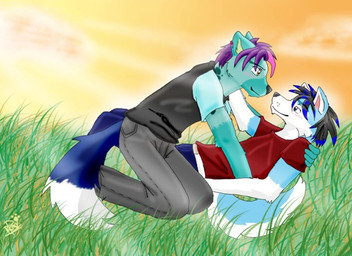 amber_eyes anthro anthro_on_anthro black_eyes black_hair black_nose blue_body blue_fur blue_hair blue_tail bottomwear clothed clothing duo field fur grass hair male male/male multicolored_hair multicolored_tail outside pants plant purple_hair shirt sun tail topwear two_tone_hair white_body white_fur white_tail wolflady shytzo canid canine canis domestic_dog husky hyena mammal nordic_sled_dog spitz spotted_hyena 2009 digital_media_(artwork) sibling_(lore)