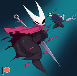 balls big_breasts big_butt black_body black_butt black_eyes black_outline breasts butt clothing duo feet female genitals glistening glistening_body glistening_butt horn huge_butt male melee_weapon not_furry outline rear_view simple_background thick_thighs torn_clothing weapon white_horn sssonic2 hollow_knight_(franchise) team_cherry hornet_(hollow_knight) the_knight_(hollow_knight) humanoid vessel_(species) absurd_res digital_media_(artwork) hi_res shaded